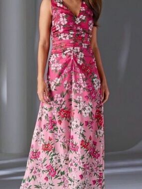 Boston Proper Fuchsia Floral V-Neck Maxi Dress